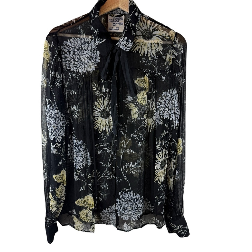 baum und pferdgarten sheer floral tie neck blouse top black floral size 42 - Picture 2 of 10